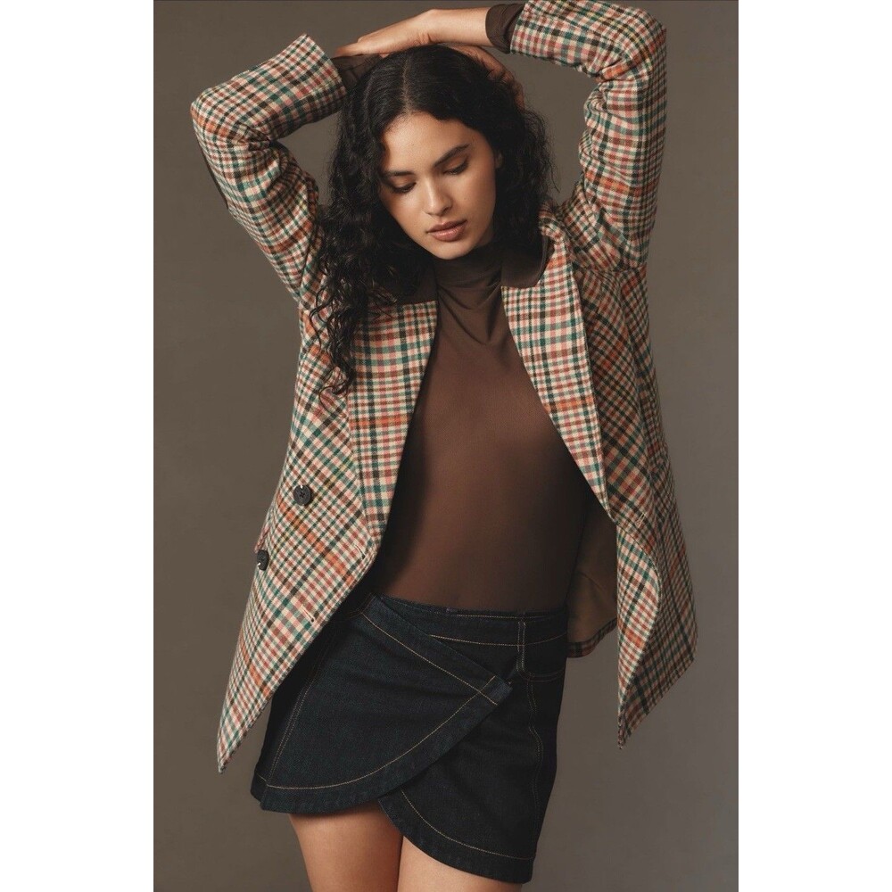 Anthropologie Avec Les Filles Plaid Jacket Double Breasted Elbow Patch Small NWT